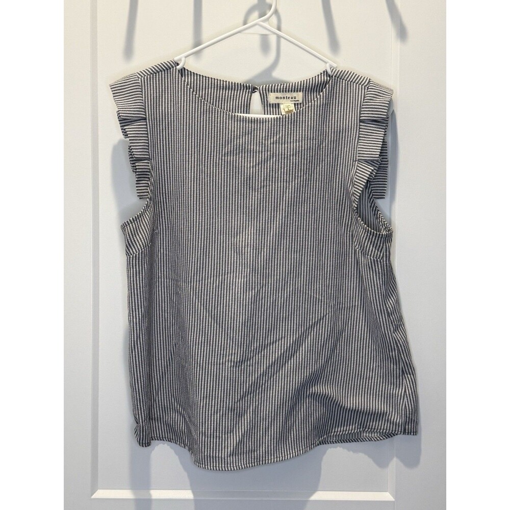 Monteau Los Angeles Striped Ruffle Sleeve Blouse Top Black and White Large Work